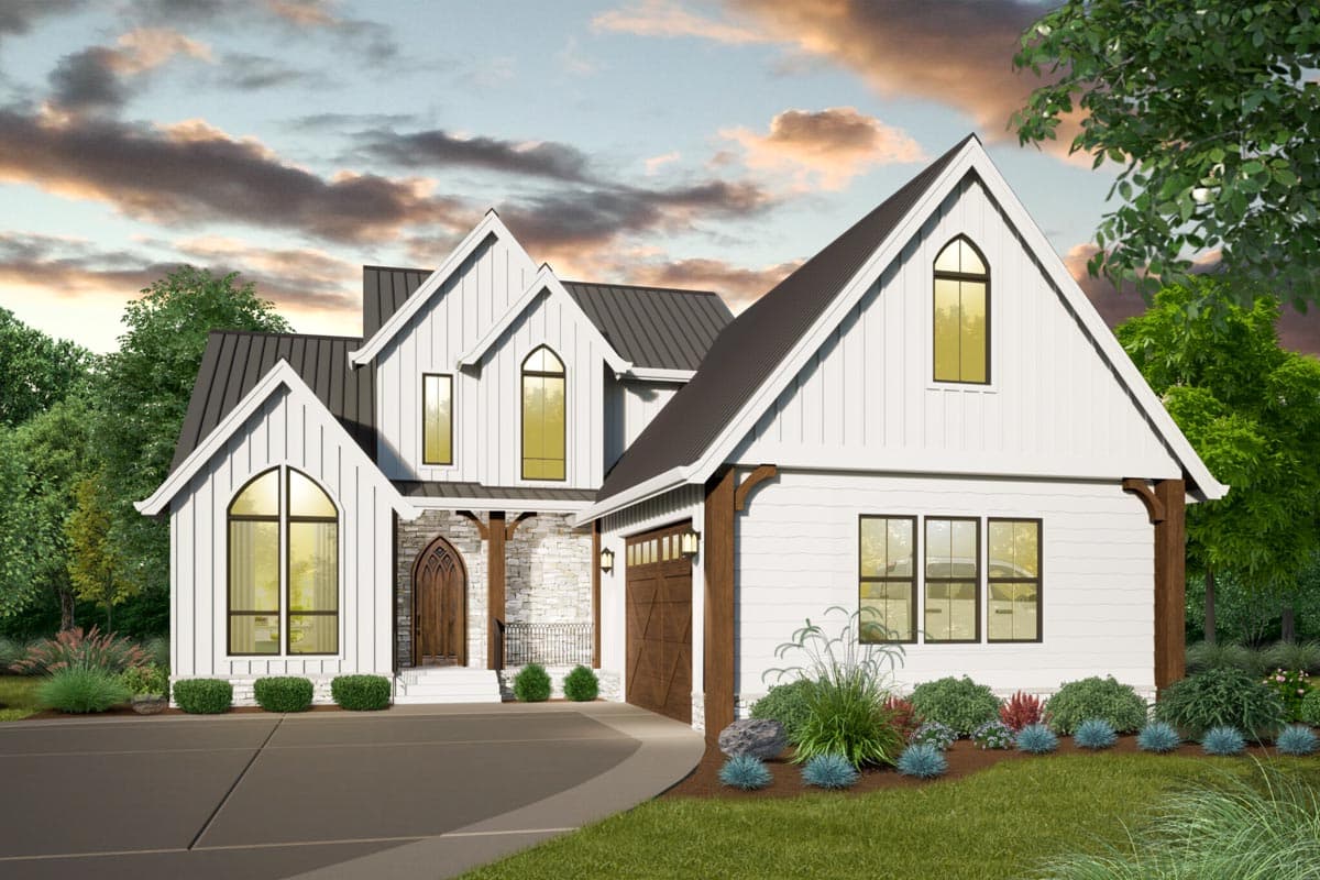 Modern Farmhouse house plan exterior with multiple gables, arched windows, stone accents, and attached garage.