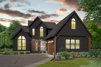 4 Bed American Gothic House Plan Under 2400 Square Feet with Garage Shop
