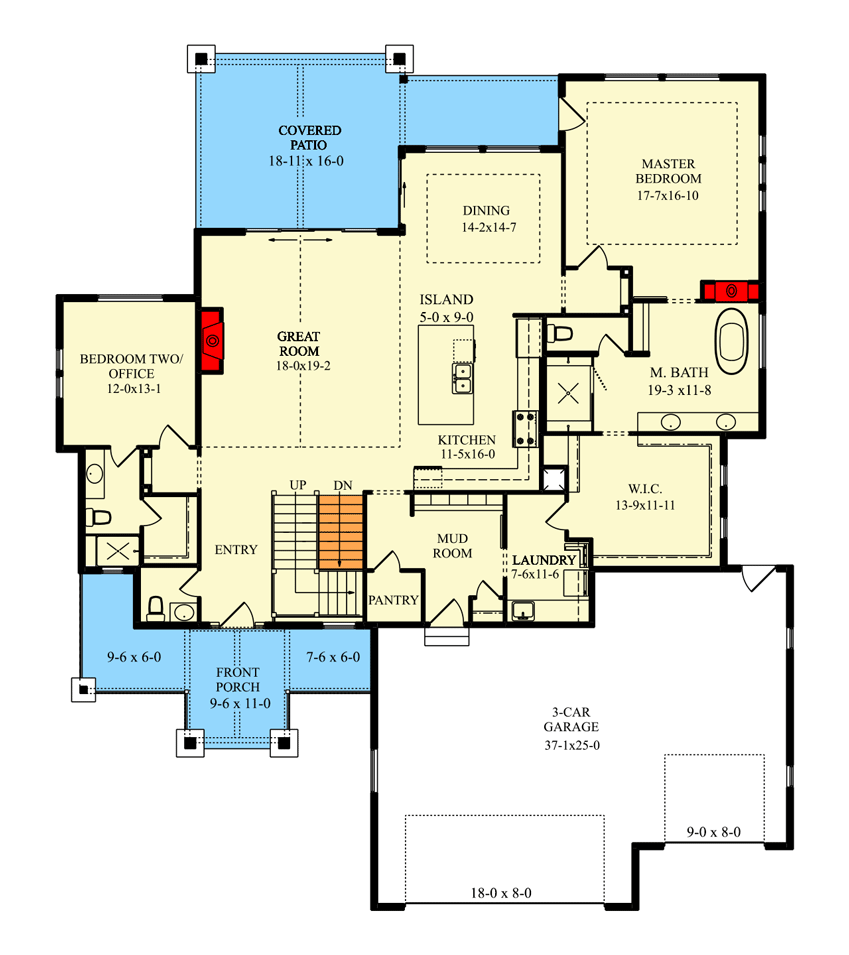 Plan 95211RW: New American House Plan with Double-Sided Fireplace Between Master Suite and Bath - Floor Plan - Main Level - Craftsman, Mountain, New American, Northwest, Rustic