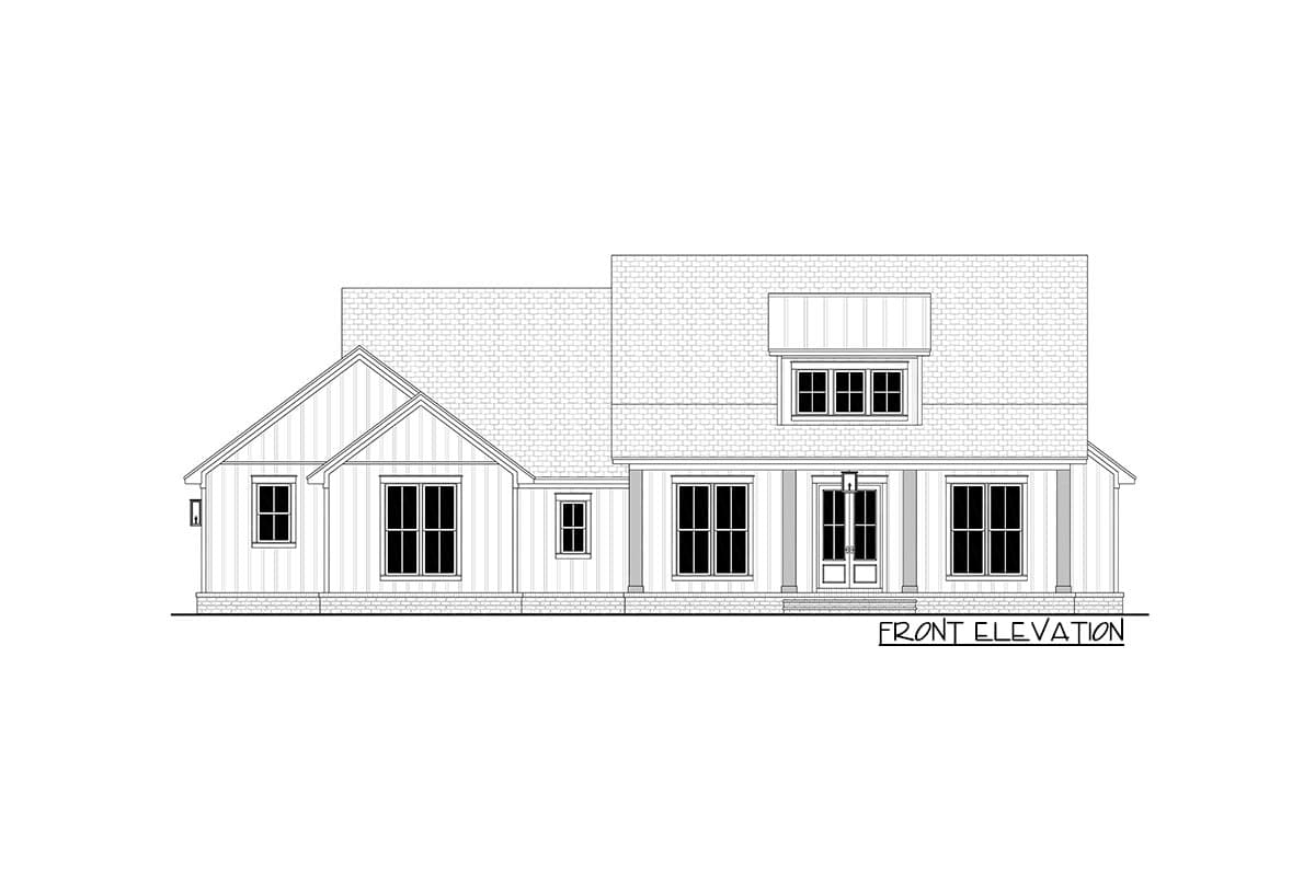 Front elevation house plan with a covered porch, gabled dormer, and varied rooflines.