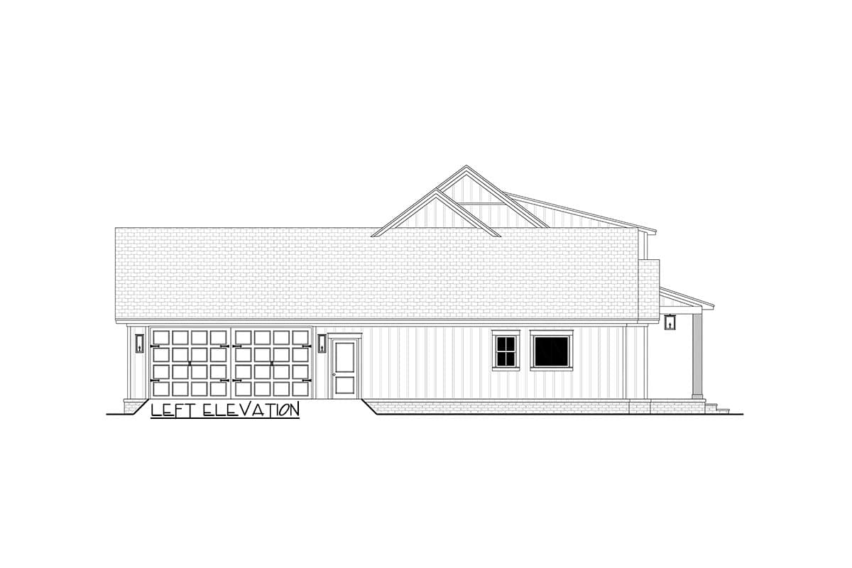 Left elevation house plan with a multi-panel garage door, entry door, two windows, and a gabled roofline.