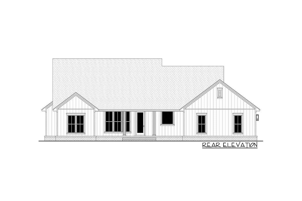 Rear elevation drawing of a one-story house plan featuring a prominent gable, large windows, and a central door with covered porch.