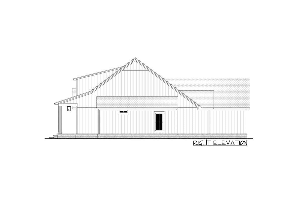 Right elevation drawing of a house plan showing a prominent gable, covered porch, and varied rooflines.
