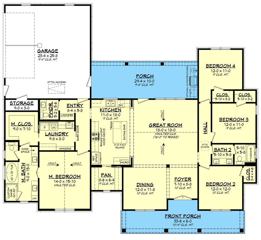 Plan 51940HZ: 2194 Square Foot 4 Bed Modern Farmhouse Plan with Vaulted Great Room - Floor Plan - Main Level - Country, Modern Farmhouse, New American, Traditional