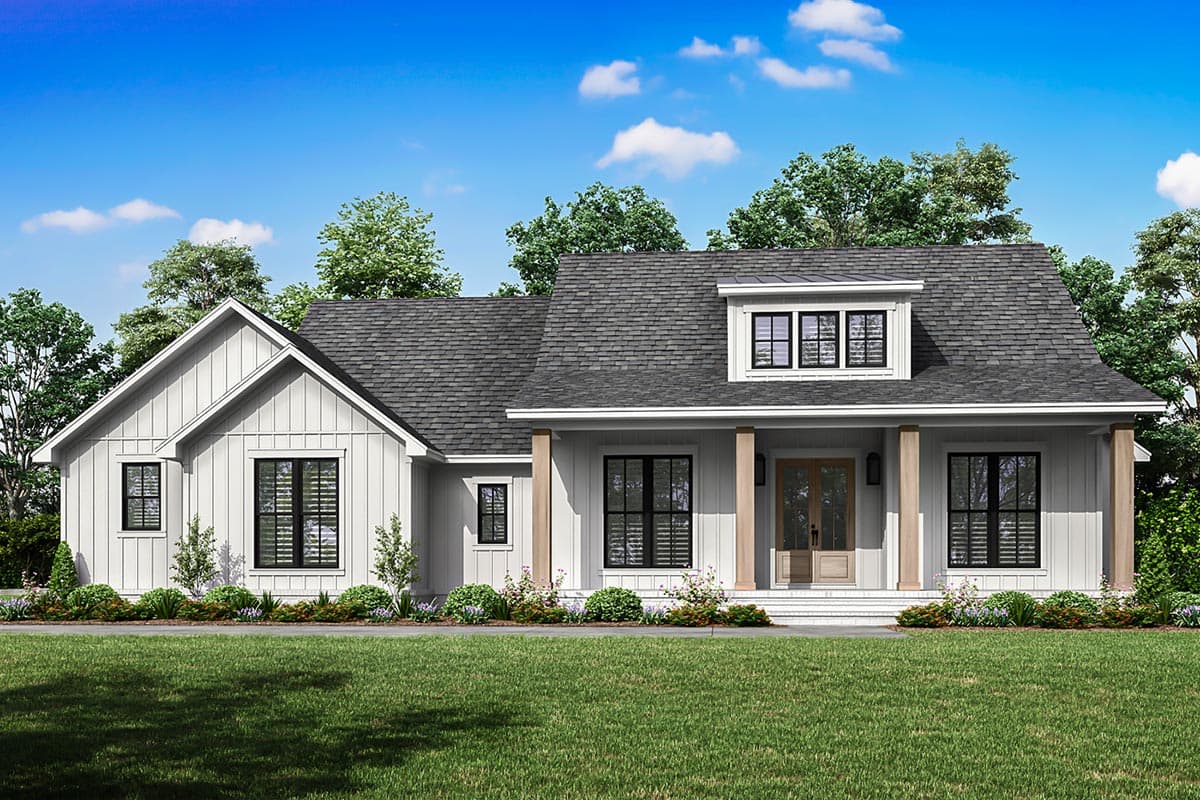 House plan exterior. Modern Farmhouse style with a single story, front porch with columns, and gable roof with dormer window.
