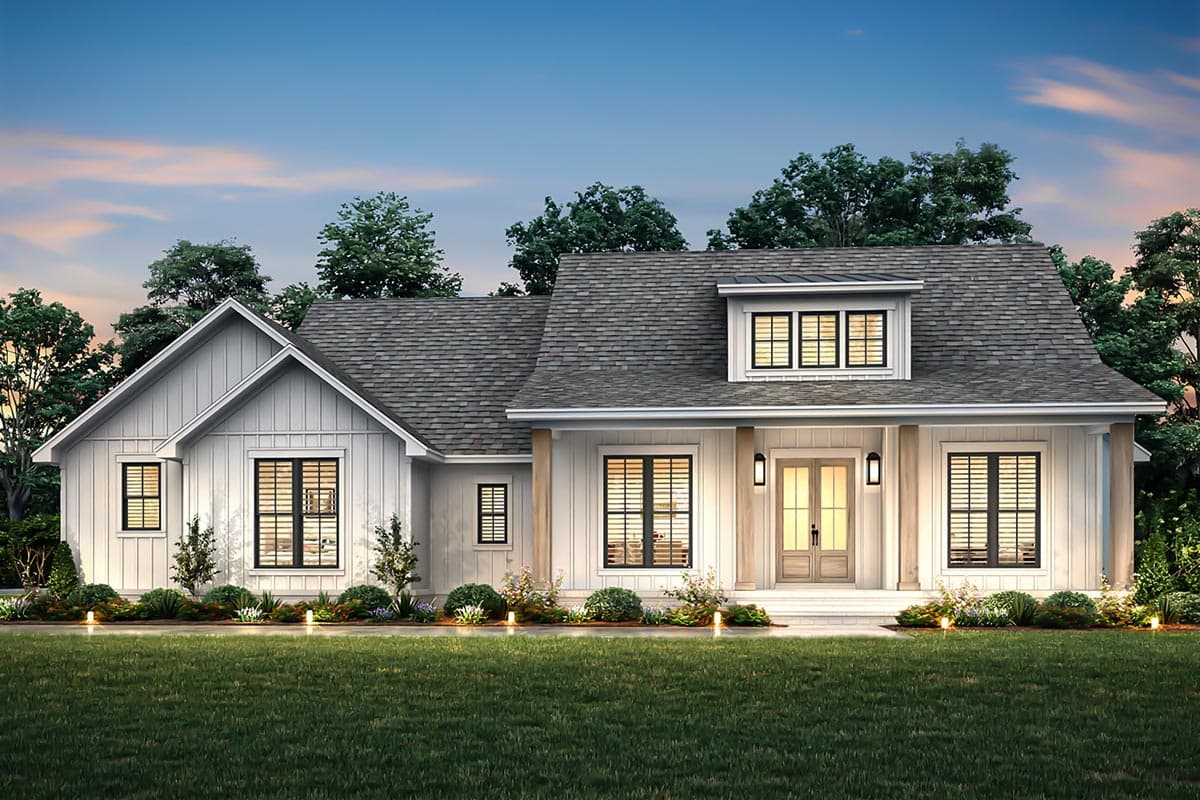 Modern Farmhouse style house plan exterior with a prominent gable, dormer, and covered entry with double doors.