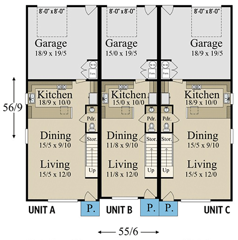 Plan 85416MS: Modern Farmhouse Triplex Townhouse House Plan with Two 3 Bed Units and One 2 Bed Unit - Floor Plan - Main Level - Craftsman, New American