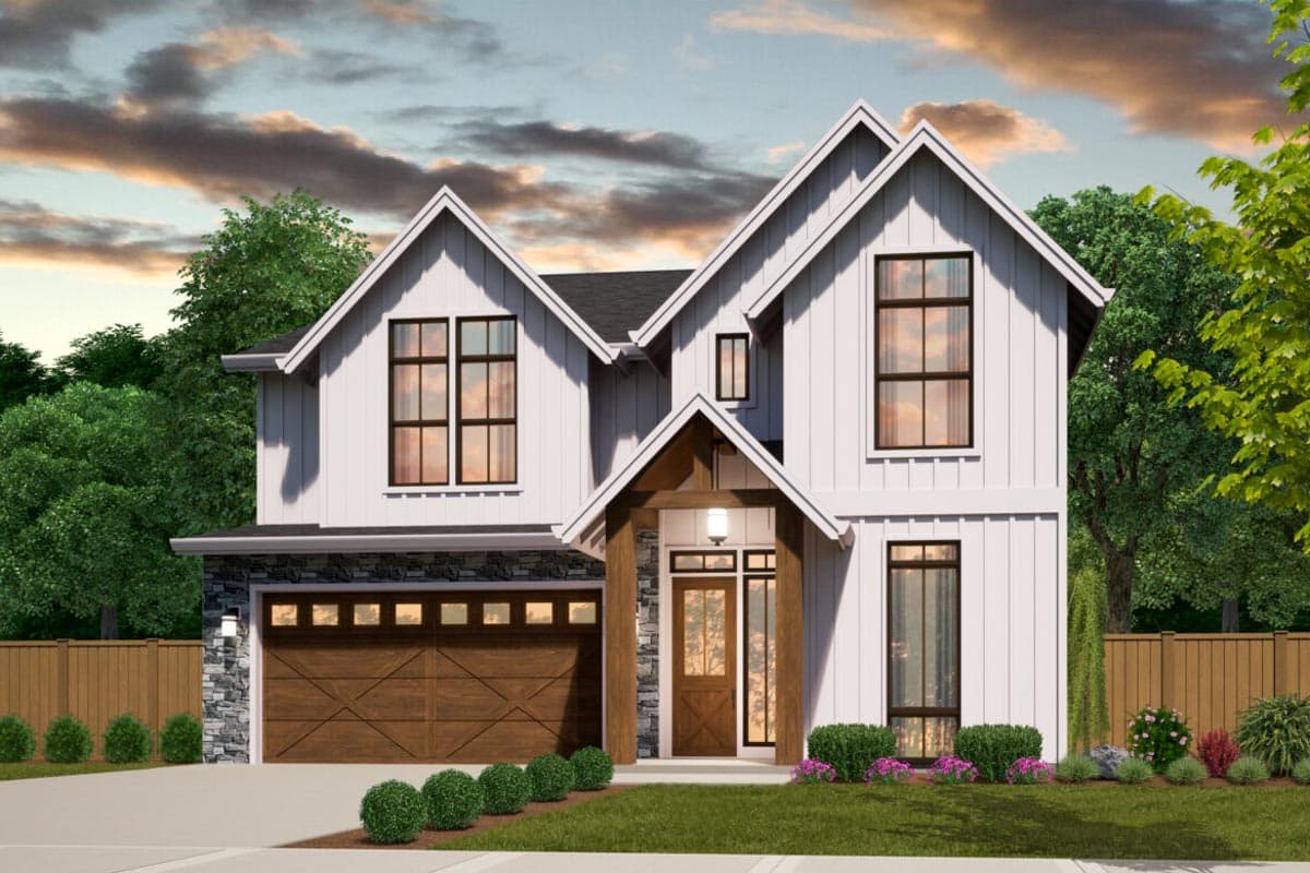 House plan exterior. Two-story Modern Farmhouse with gabled roof, board and batten siding, and a covered entry. Features an attached garage.