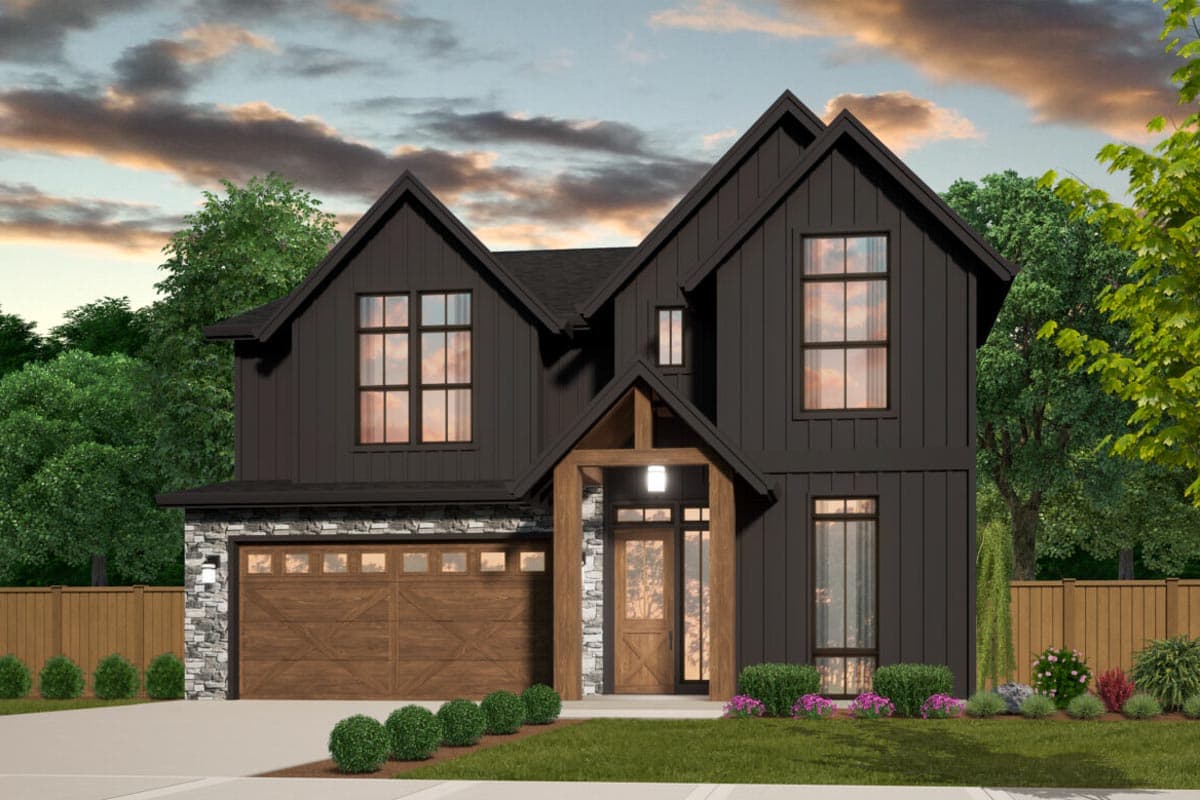 Modern Farmhouse house plan exterior with dark siding, stone base, gabled rooflines, wood garage door, and covered entry.