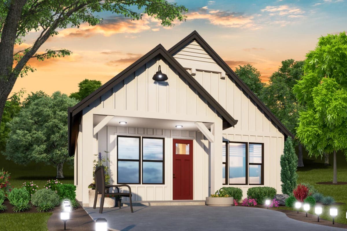 House plan exterior view of a Modern Farmhouse with a gabled roof, a covered porch, and board and batten siding.