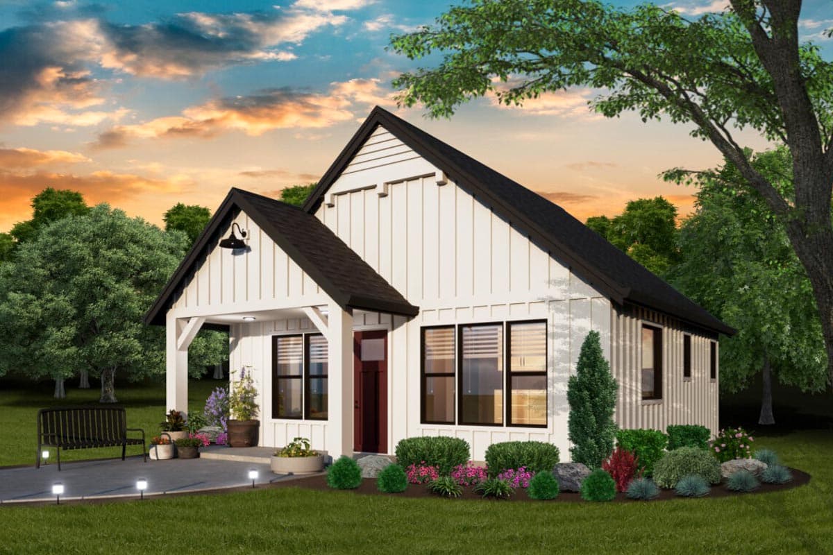 House plan exterior: Modern Farmhouse style, one story, white board and batten siding, covered porch with beams, gabled roof.