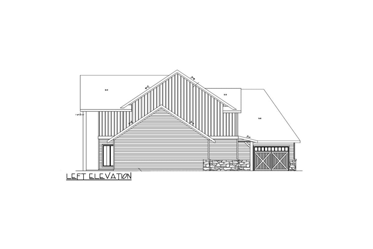 Left elevation drawing of a house plan featuring gabled rooflines, horizontal siding, vertical siding accents, and a stone foundation.