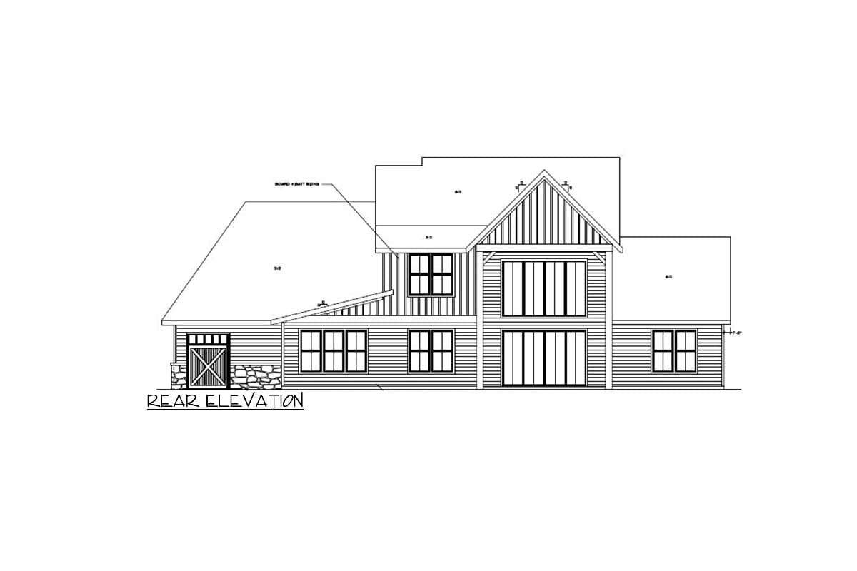 Rear elevation drawing of a two-story house plan with board and batten siding, stone accents, and a large central gable.