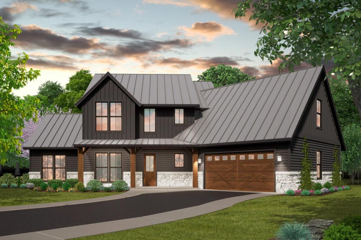 House plan exterior featuring Modern Farmhouse style with a metal roof, front porch with wood posts, and a two-car garage.