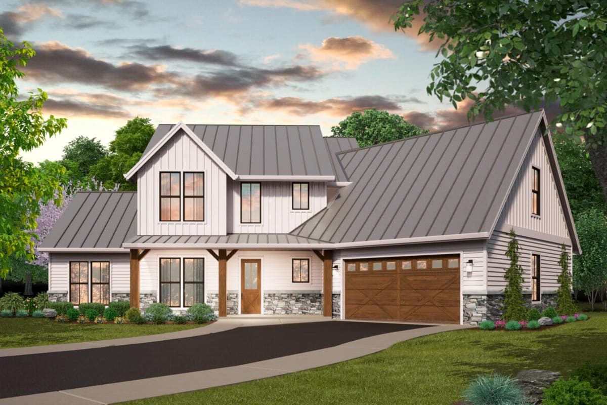 Modern Farmhouse house plan exterior with metal roof, gabled dormers, stone accents, and a two-car garage.