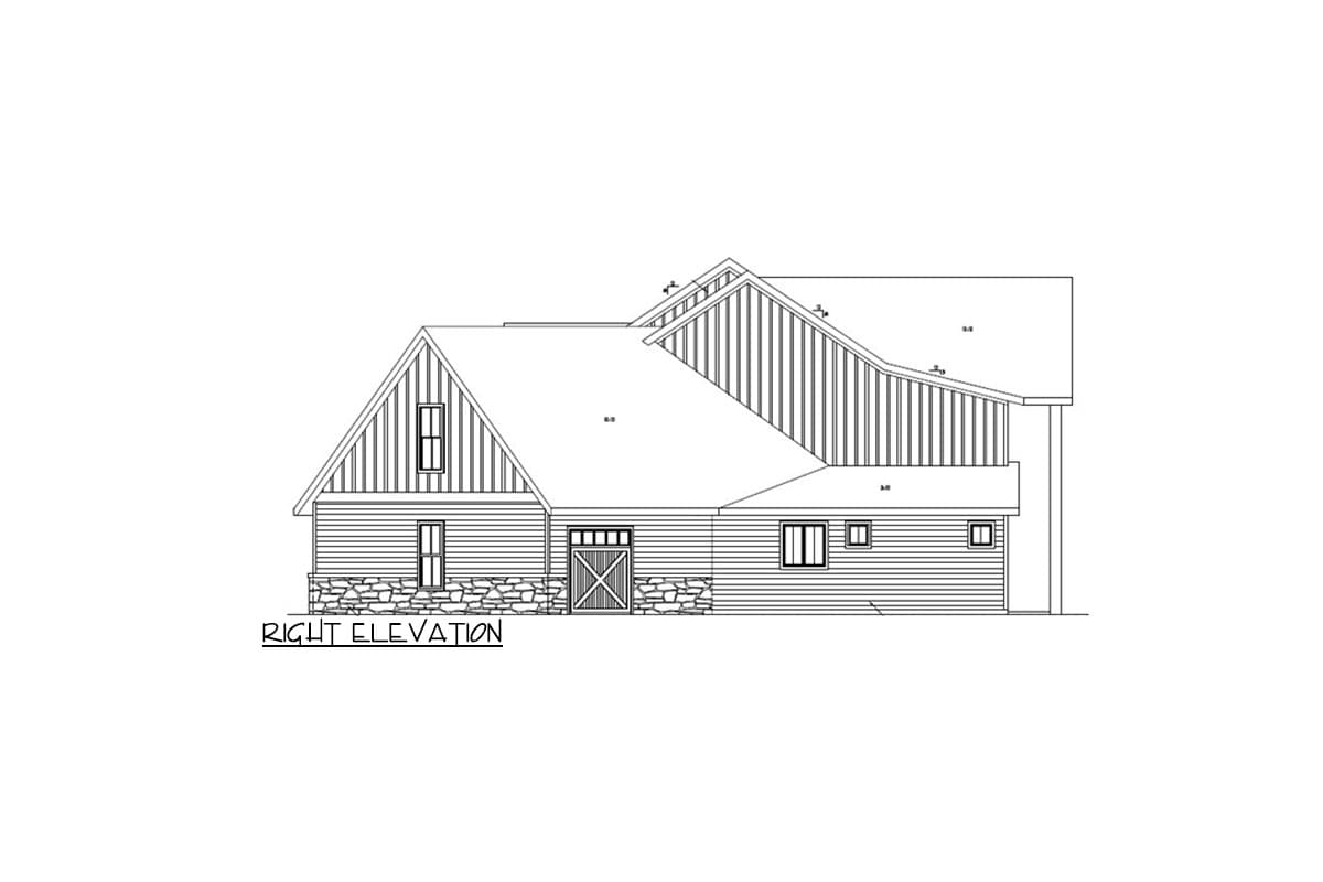 Right elevation house plan drawing shows a multi-level structure with gable roofs, stone base, and a barn-style door.