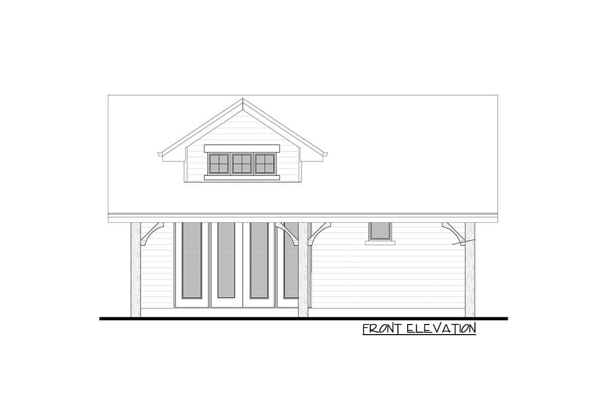 Front elevation drawing of a house plan with a gabled dormer, porch with triple doors, and wood siding.