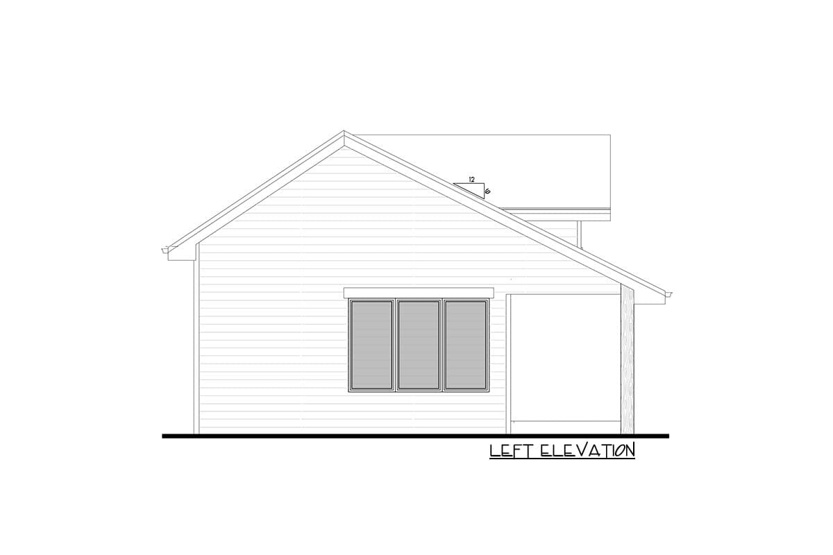 Left elevation of a house plan showing horizontal siding, a gable roof with pitch markings, three windows, and a covered porch area.