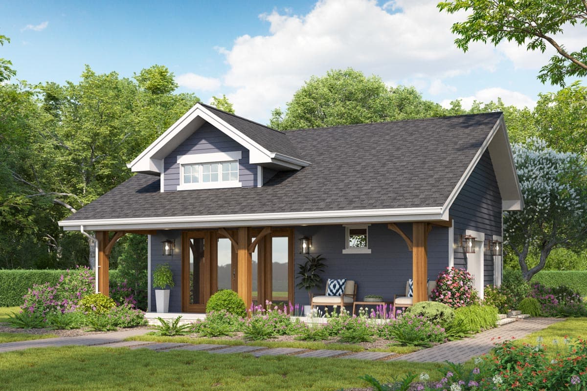 House plan exterior. Craftsman style, one and a half story home. Features include a front porch with timber supports, a gable roof, and dormer.