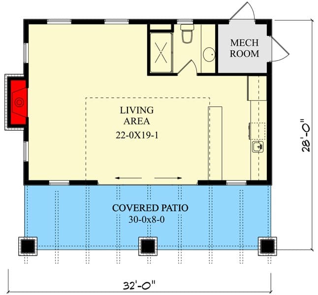 Plan 95213RW: 612 Square Foot Pool House Plan with Clerestory Windows - Floor Plan - Main Level - Craftsman, Rustic, Traditional