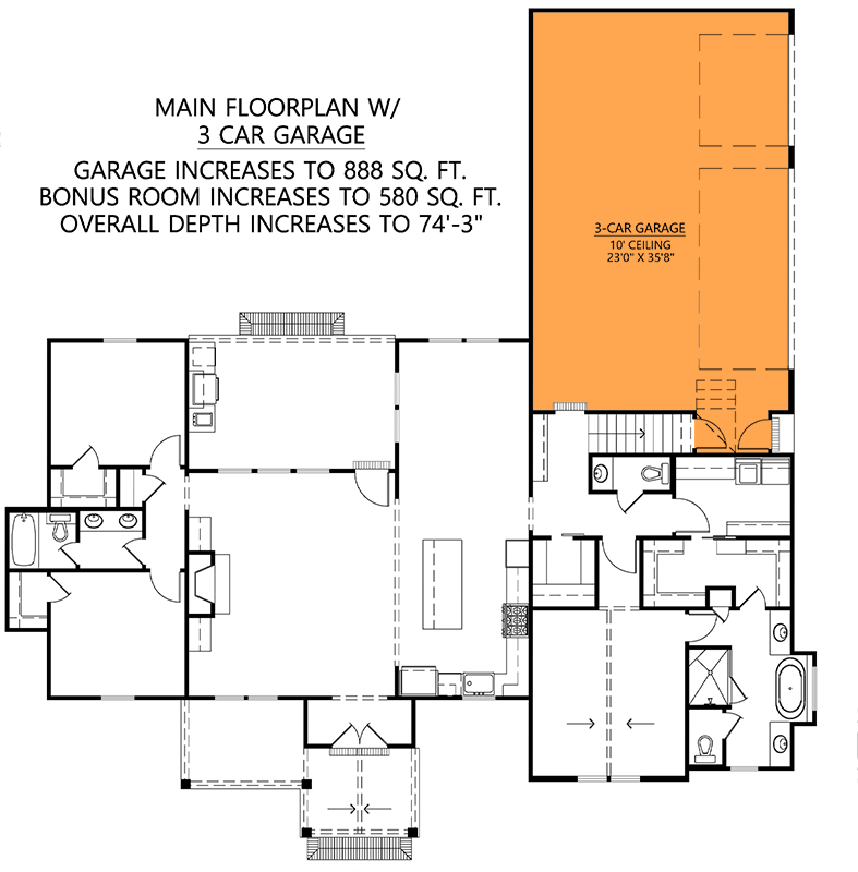 Plan 56537SM: 2000 Square Foot Country Craftsman House Plan with 3-Beds and Bonus Room - Floor Plan - Main Level - 3-Car Side Garage Option - Country, Craftsman, Modern Farmhouse, New American, Ranch