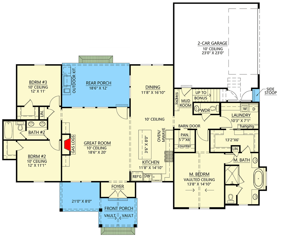 Plan 56537SM: 2000 Square Foot Country Craftsman House Plan with 3-Beds and Bonus Room - Floor Plan - Main Level - Country, Craftsman, Modern Farmhouse, New American, Ranch