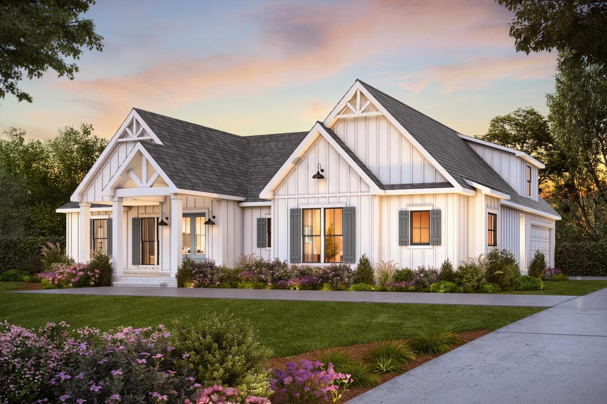 Modern Farmhouse house plan exterior with board and batten siding, gable rooflines, covered entry porch, and attached garage.