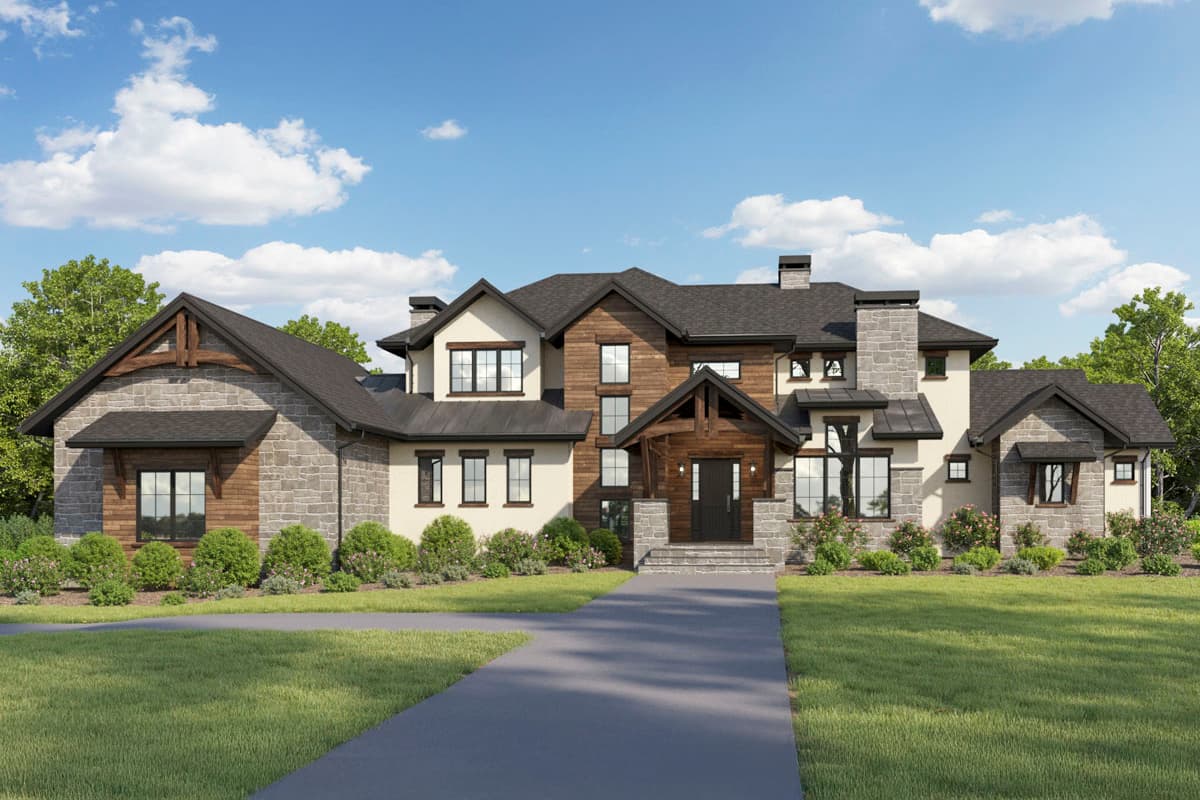 House plan exterior with stone and wood siding, multiple gables, stone chimney, and covered entry.