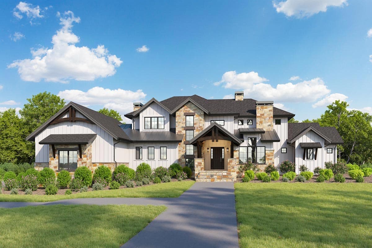 House plan exterior with two stories, stone accents, multiple gables, and a front porch. Features include a prominent roofline.