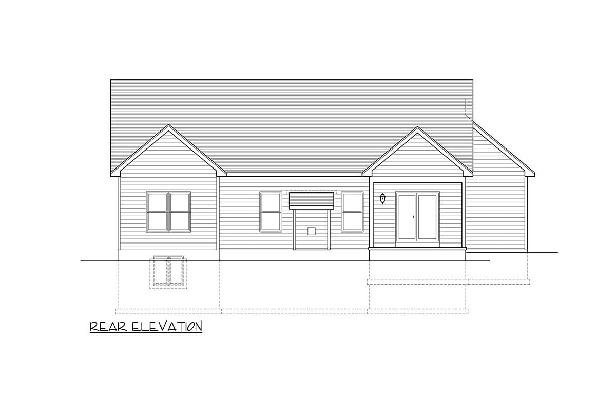 Rear elevation drawing of a single-story house plan featuring gabled roofs, multiple windows, a covered entryway, and sliding doors.