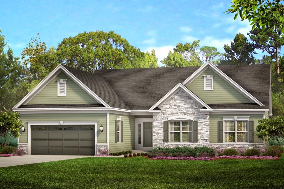 House plan exterior: One-story with Craftsman style. Features include gables, stone facade, and a two-car garage. Green siding and dark roof.