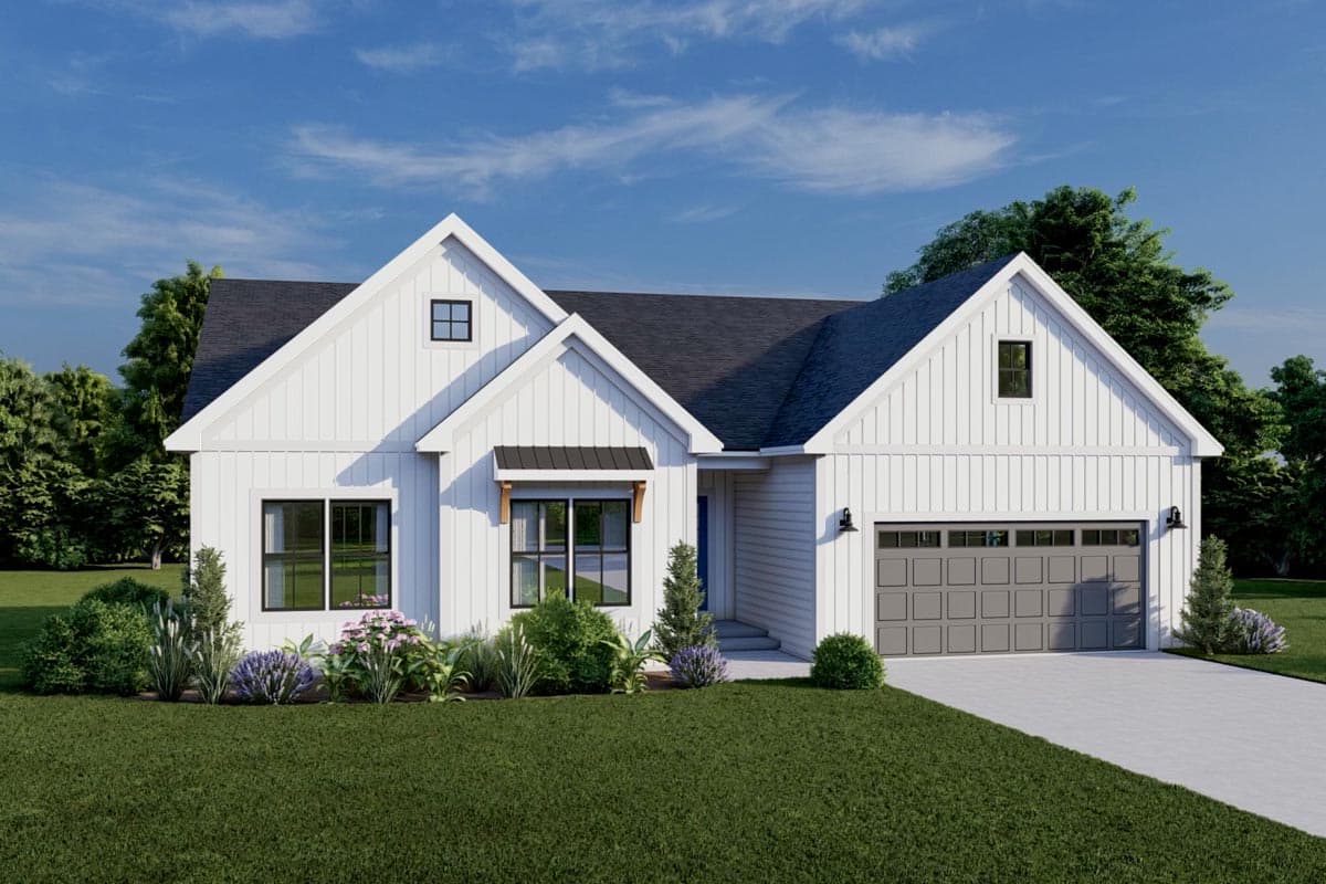 Modern Farmhouse house plan exterior, one story, with board and batten siding, gables, dormers, and attached two-car garage.