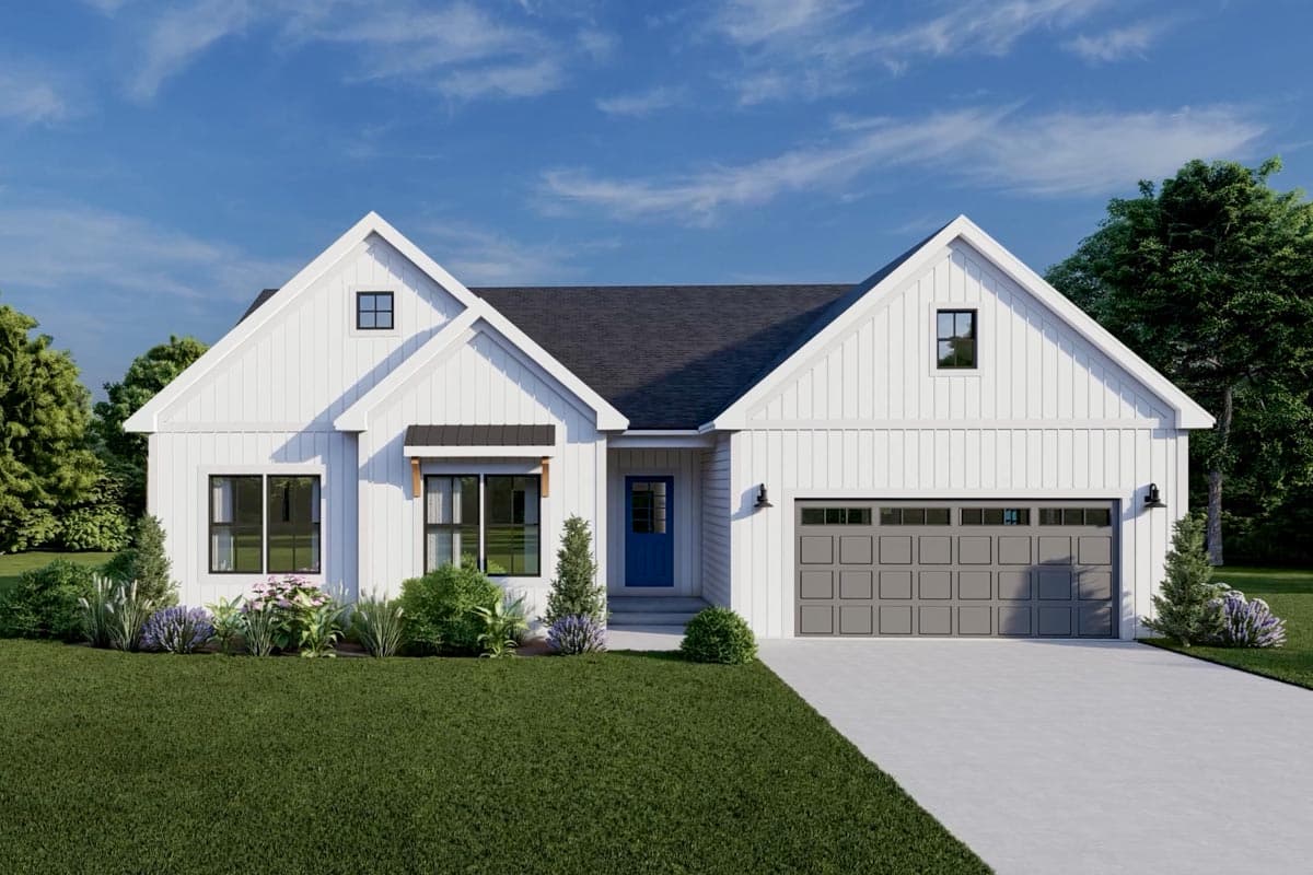 Modern Farmhouse house plan exterior with gables, a prominent roofline, board and batten siding, and an attached garage.