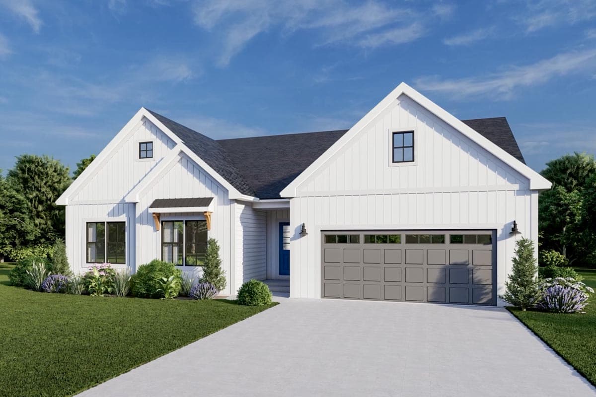 Modern Farmhouse style house plan exterior, one story, with white board and batten siding, prominent gables, and a two-car garage.