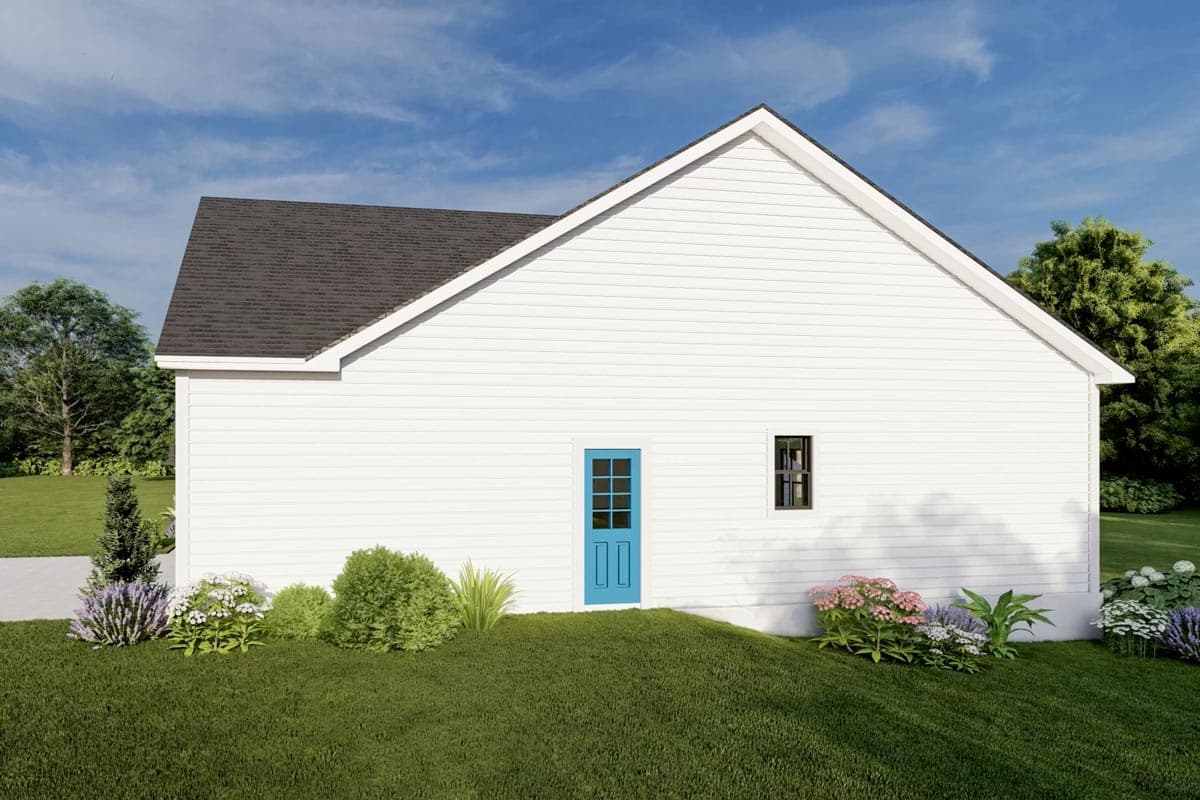 House plan exterior: One-story white vinyl siding with a gable roof, blue door, and one window.