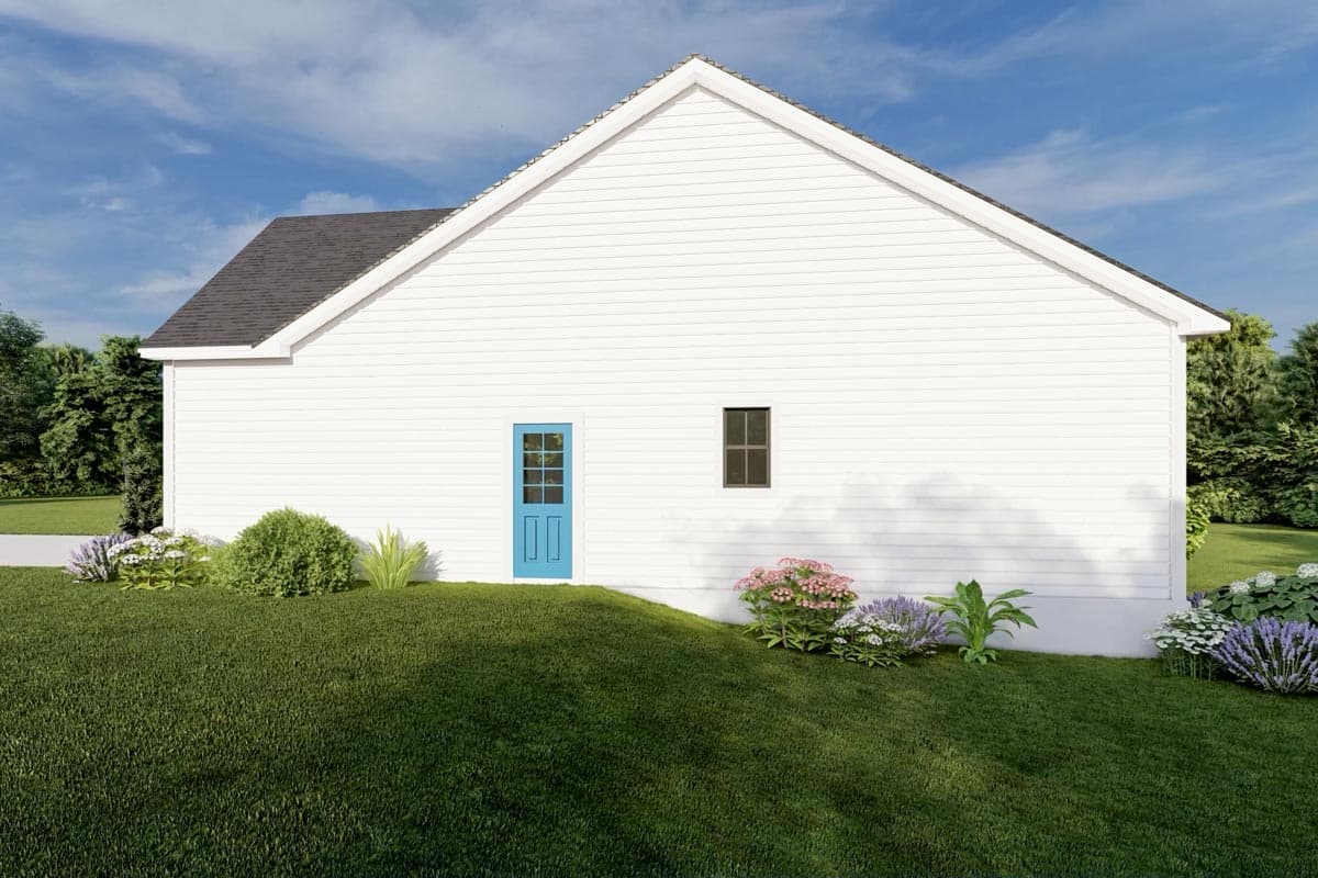 House plan exterior: white clapboard siding, gable roof, one blue door, one window, landscaping.
