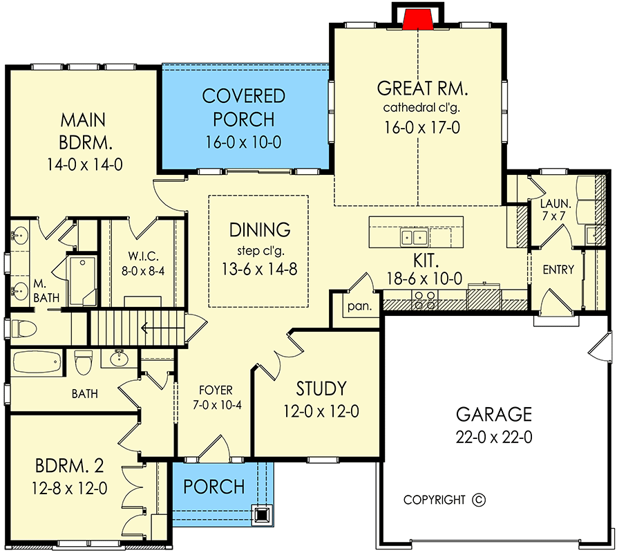 Plan 790147GLV: 1863 Square Foot One-Story House Plan with Third Bedroom or Study Option - Floor Plan - Main Level - Ranch, Traditional