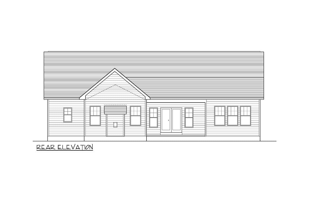 Rear elevation drawing of a single-story house plan with a gable roof, double doors, and multiple windows.