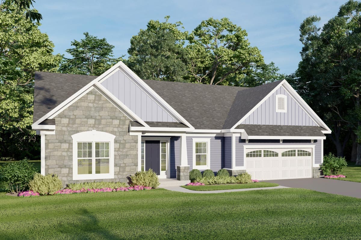 House plan exterior. Two-story, craftsman-style home with stone facade, multiple gables, and a two-car garage. Porch entry.