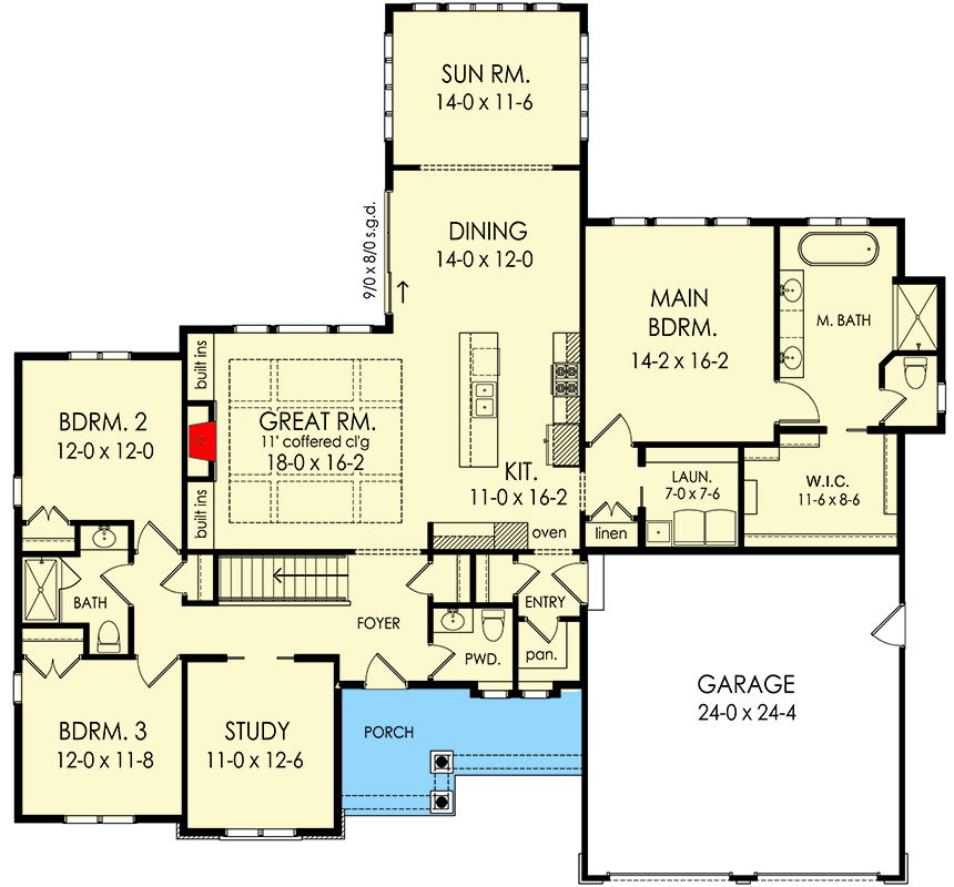 Plan 790148GLV: 2369 Square Foot 3-Bed House Plan with One-Level Living - Floor Plan - Main Level - Craftsman, New American, Ranch, Traditional