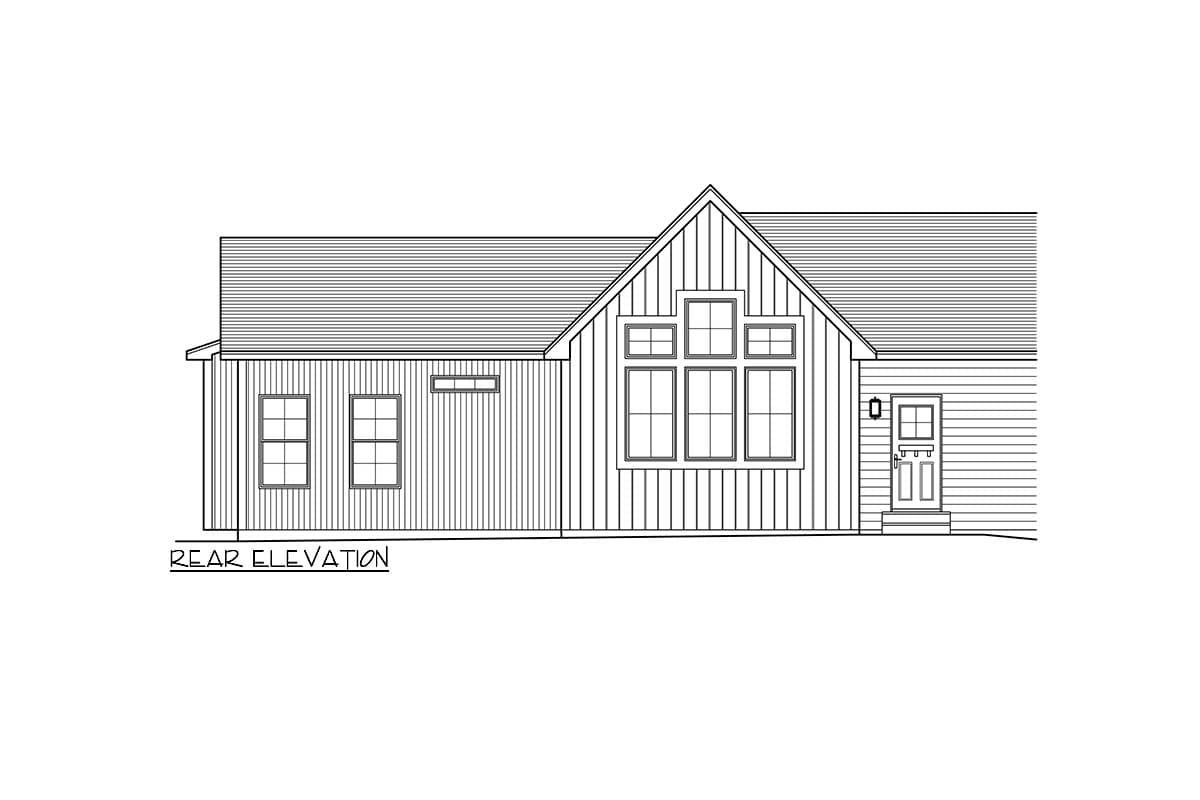 Rear elevation house plan showing a gable roof, multiple windows, and an entrance with a single door.