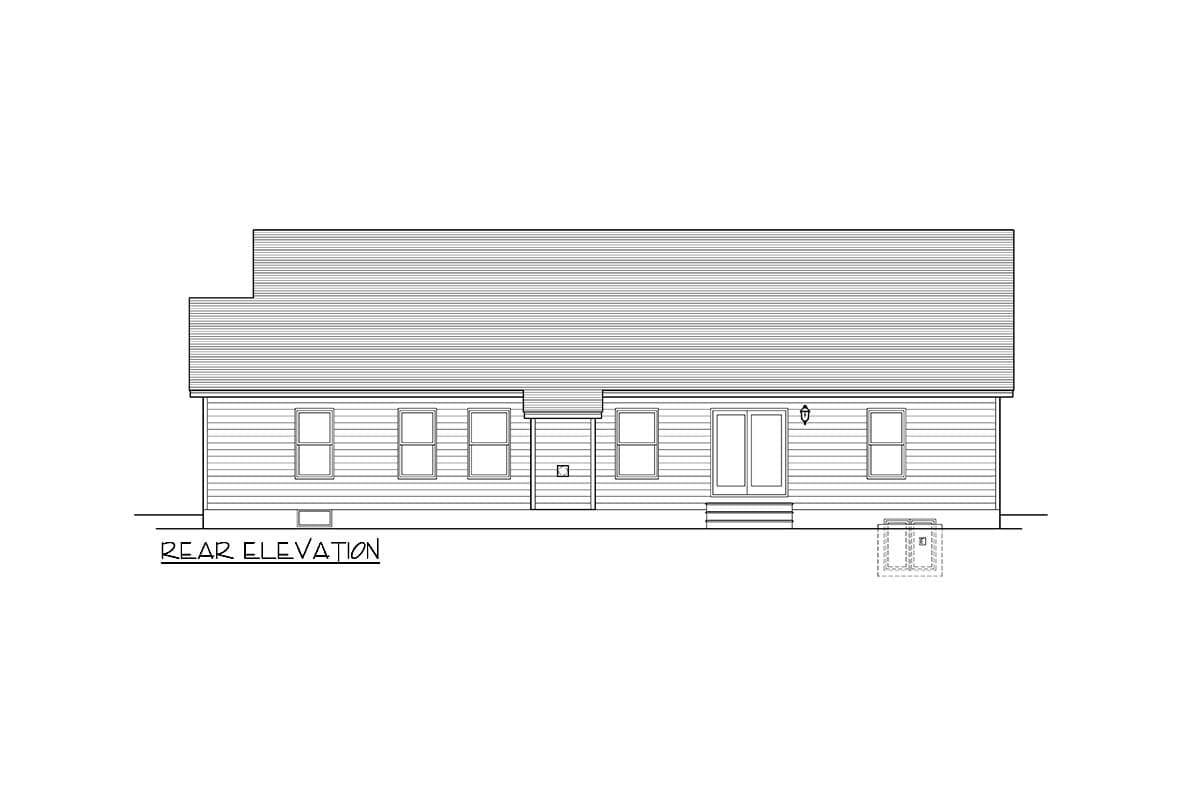 Rear elevation drawing of a single-story house plan with siding, multiple windows, a central door, and a rear entrance with stairs.