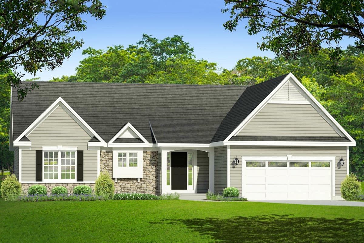 House plan exterior with Craftsman style. Features include gables, stone facade detail, and a two-car garage. Single story construction.