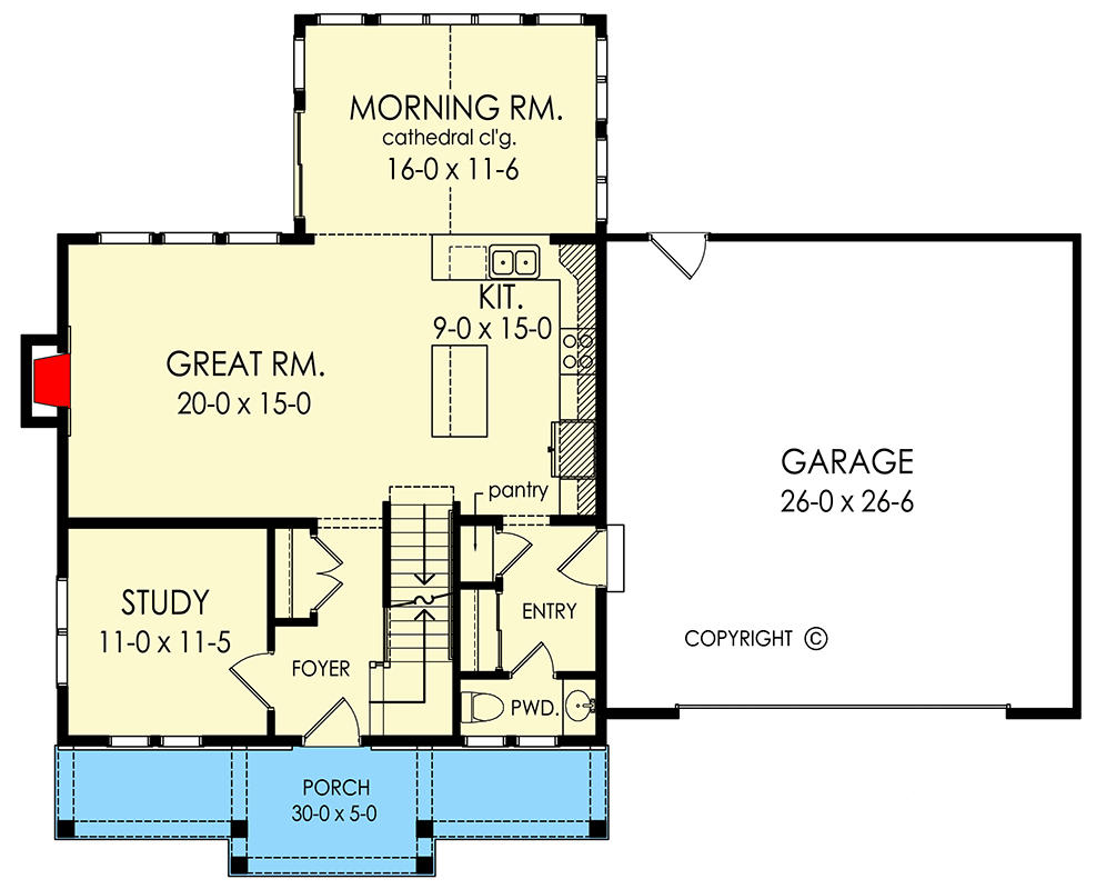 Plan 790151GLV: 3 Bed Traditional House Plan with 2079 Square Feet of Heated Living Space - Floor Plan - Main Level - Country, Craftsman, Traditional
