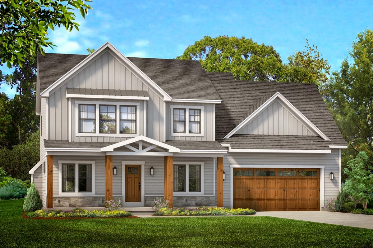 House plan exterior with two stories, Craftsman style. Features include gables, a covered porch with wooden posts, and a garage.