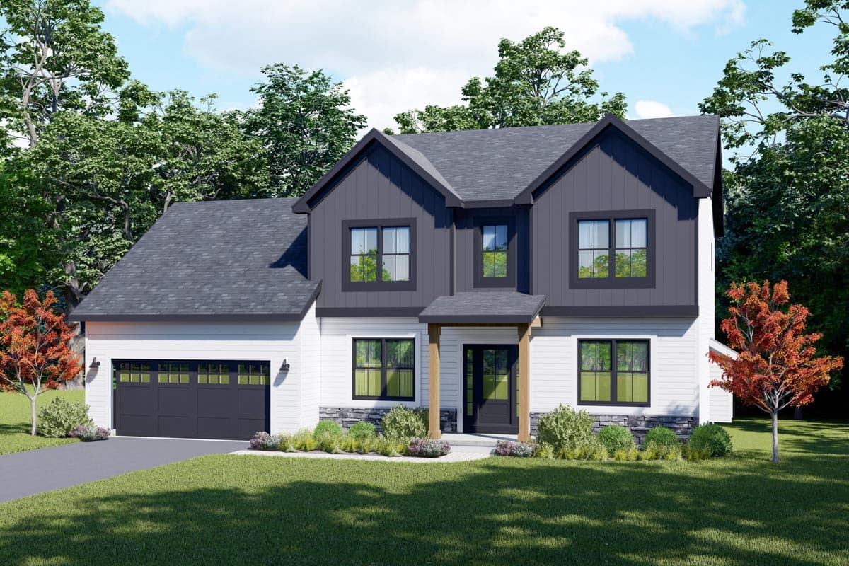 House plan exterior. Two-story Modern Farmhouse with gable roof, covered entry, and attached garage. Featuring board-and-batten siding.