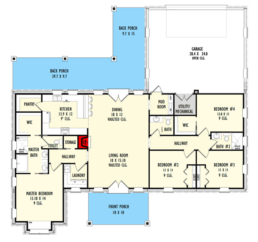 Plan 777068MTL: Split Bedroom Rustic Ranch House Plan with L-Shaped Back Porch - Floor Plan - Main Level - Country, Craftsman, Mountain, Ranch, Rustic