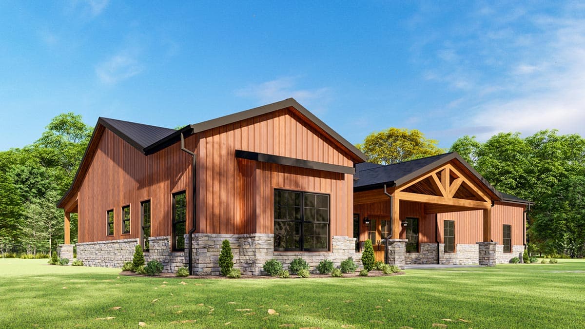 House plan exterior: Modern Farmhouse style, single-story, with vertical siding, stone base, gabled roof, and covered porch with exposed beams.