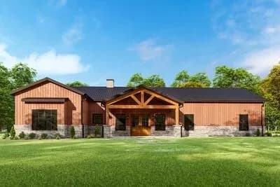 Split Bedroom Rustic Ranch House Plan with L-Shaped Back Porch