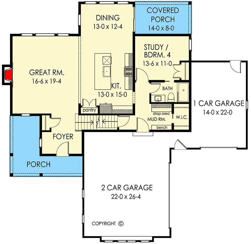 Plan 790153GLV: New American Craftsman Plan with Bonus Room above Garage - Floor Plan - Main Level - Country, Craftsman, New American